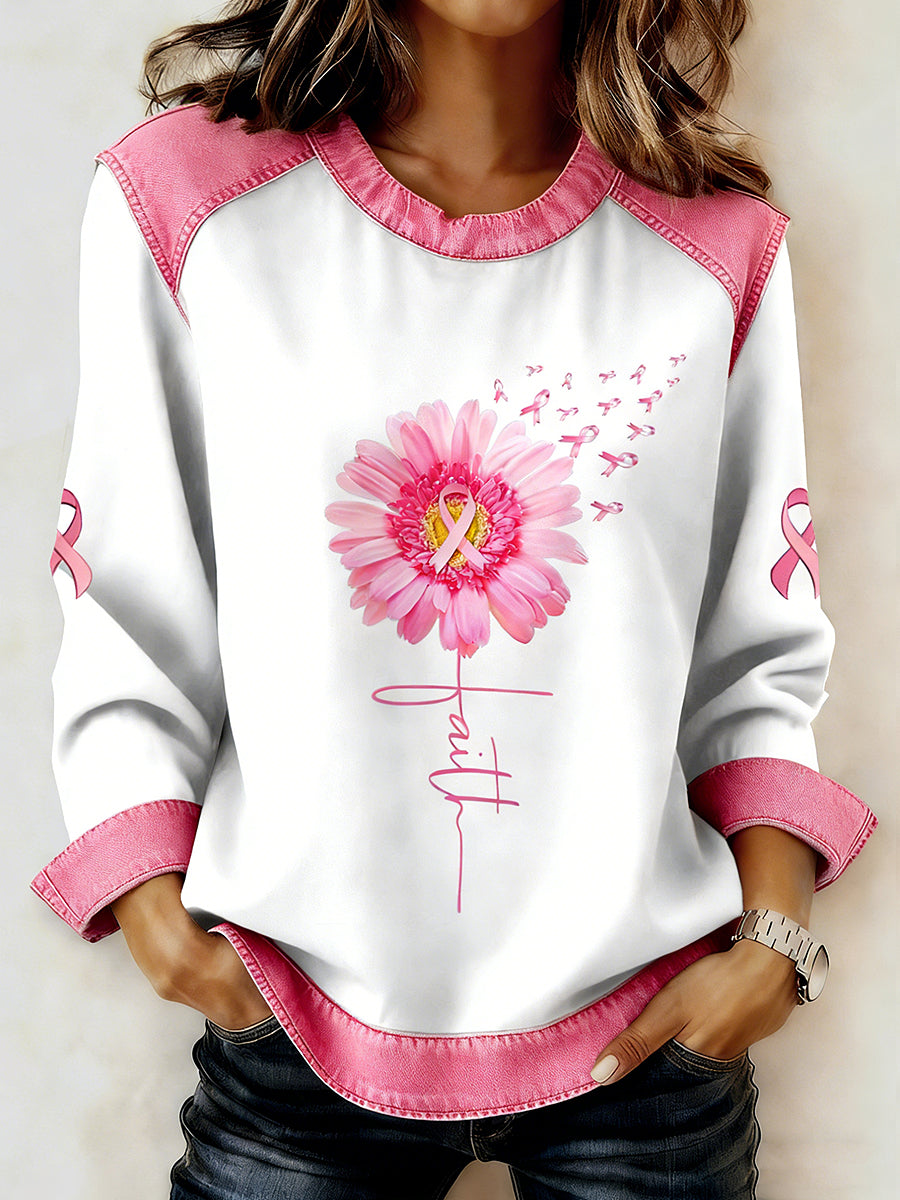 Women's Breast Cancer Printed Collar Long Sleeve Sweatshirt