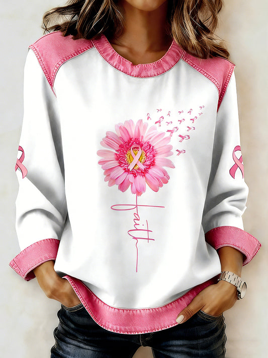 Women's Breast Cancer Printed Collar Long Sleeve Sweatshirt