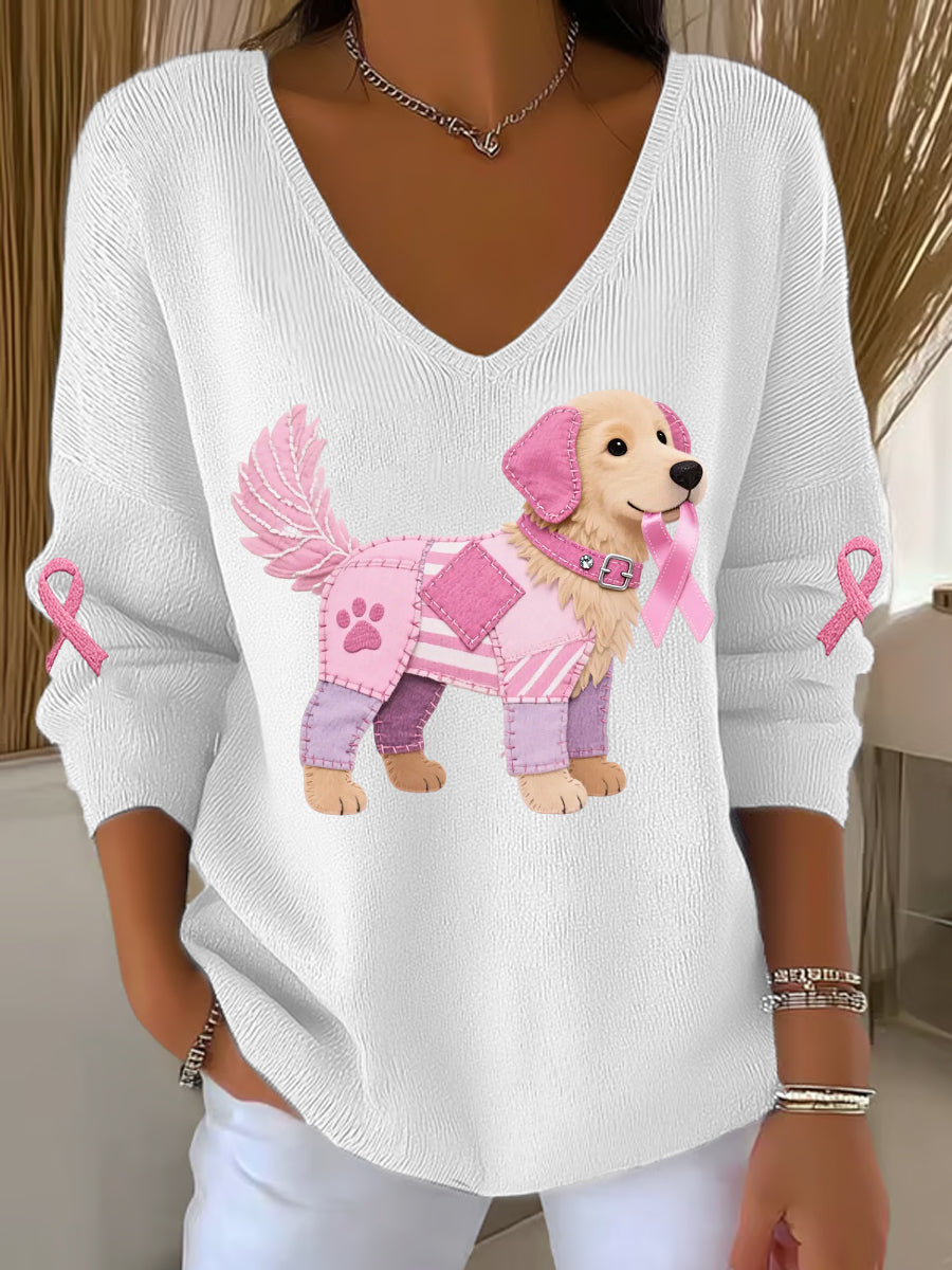 Women's Pink Dog Pink Ribbon Breast Cancer Awareness Support Long-Sleeve Top
