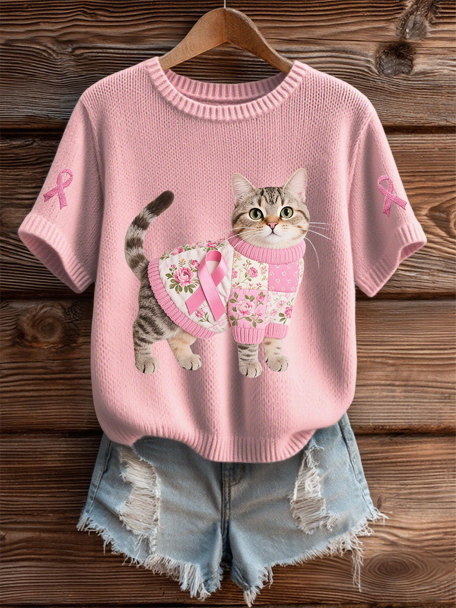 Women's Cat Pink Ribbon Print Casual T-shirt