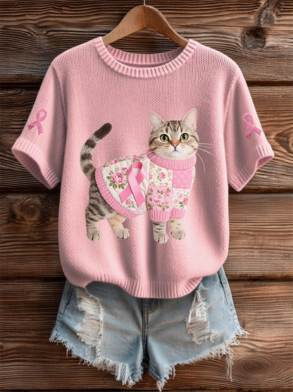 Women's Cat Pink Ribbon Print Casual T-shirt