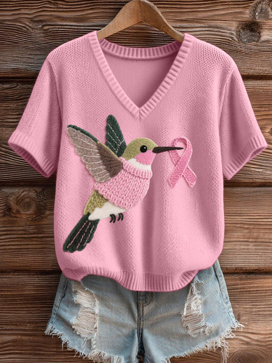 Women's Felt Art Hummingbird Pattern Cozy V-Neck Knit Top