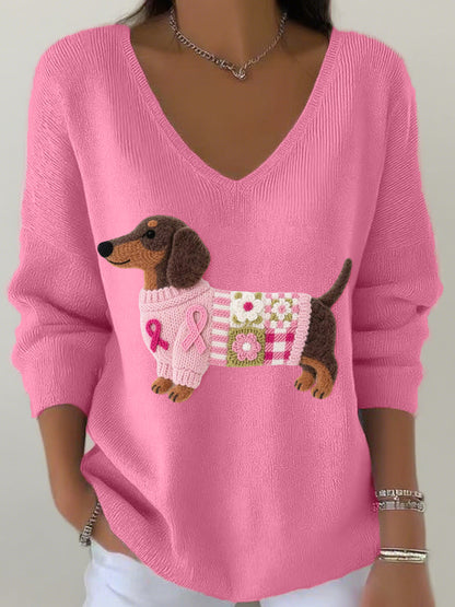 Women's Felt Art Dachshund Pattern V-Neck Ribbed Top
