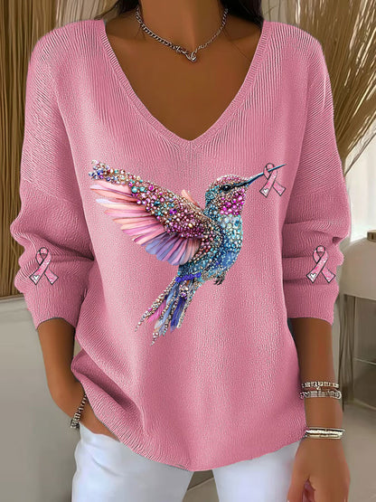 Women's Breast Cancer Awareness Hummingbird Print Casual Top