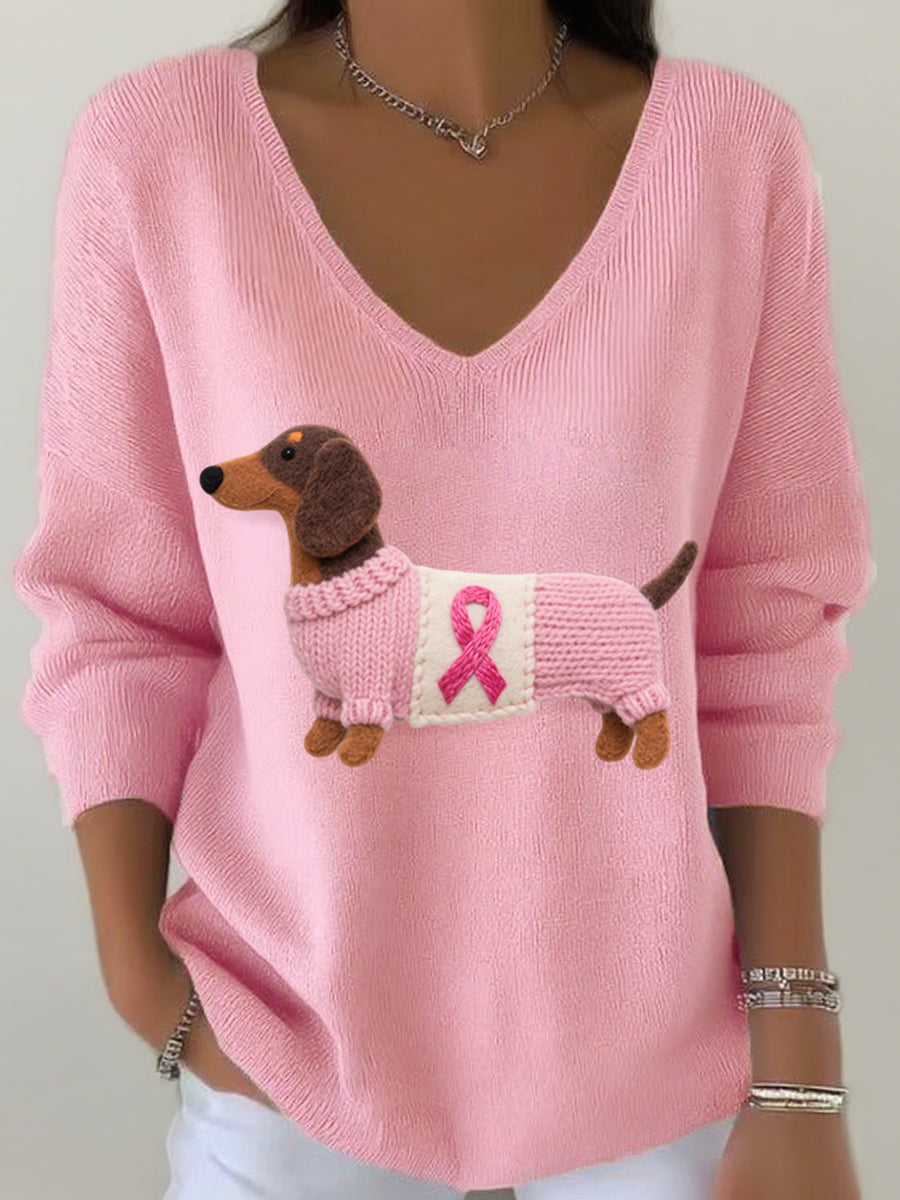 Women's Felt Art Dachshund Pattern V-Neck Ribbed Top