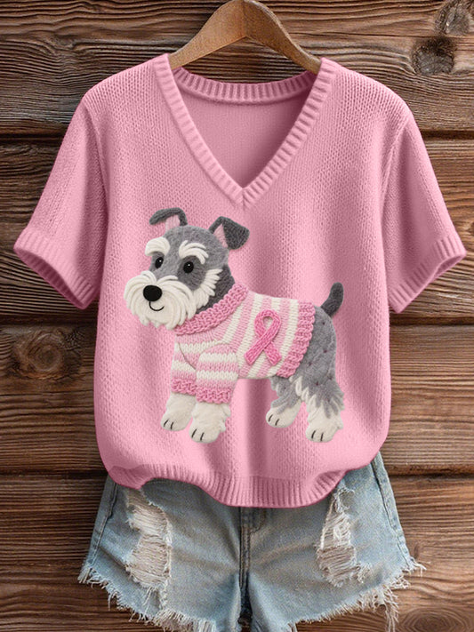 Women's Felt Art Schnauzer Pattern Cozy V-Neck Knit Top