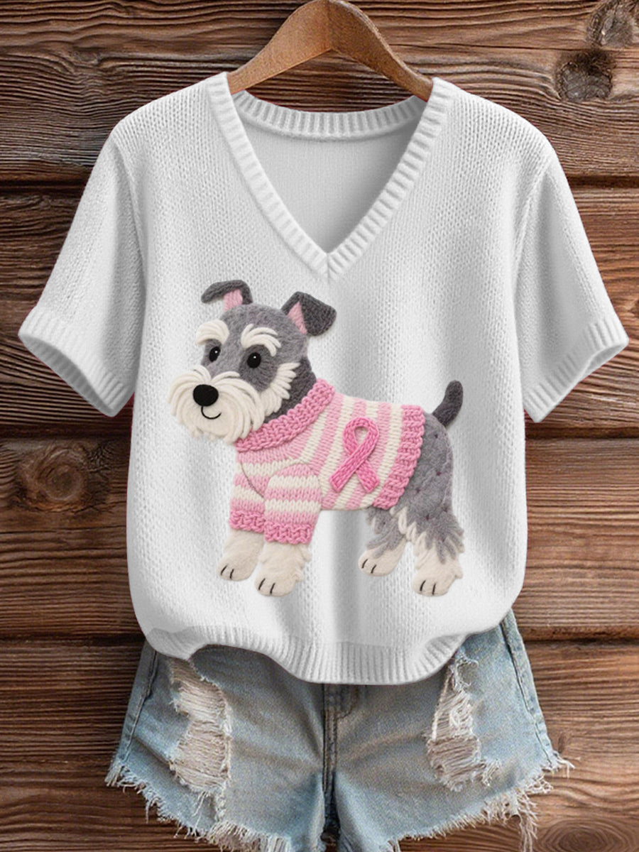 Women's Felt Art Schnauzer Pattern Cozy V-Neck Knit Top