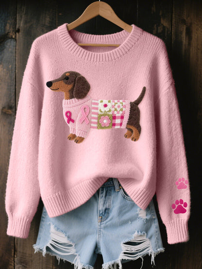 Women's Wool Felt Art Dachshund Pattern Cozy Knit Sweater