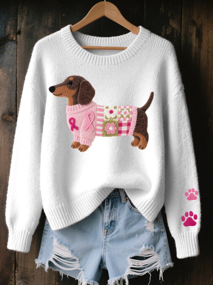 Women's Wool Felt Art Dachshund Pattern Cozy Knit Sweater