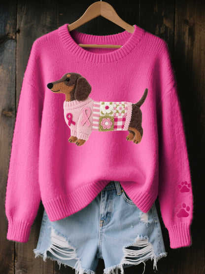 Women's Wool Felt Art Dachshund Pattern Cozy Knit Sweater