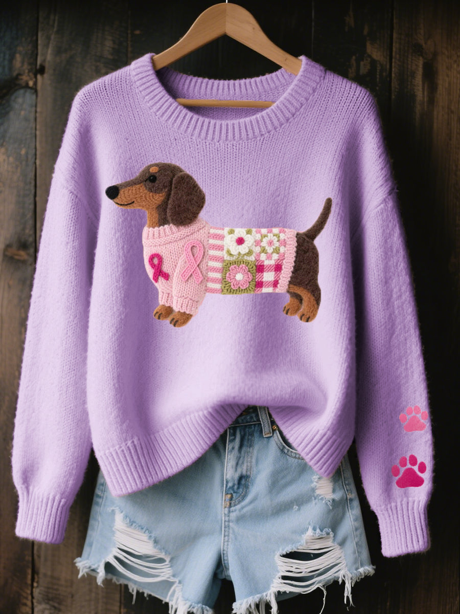 Women's Wool Felt Art Dachshund Pattern Cozy Knit Sweater