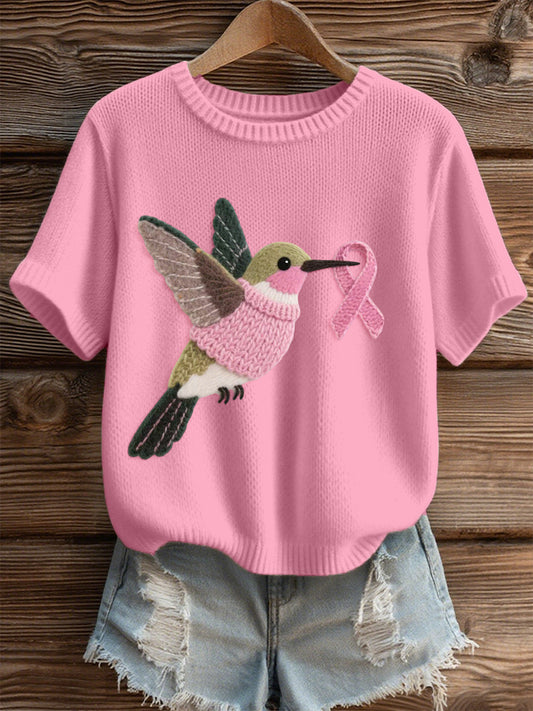 Women's Hummingbird Pattern Felt Art Cozy Knit Top