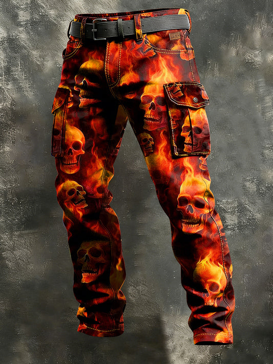 Men's Retro Vacation Business Flame Skull Art Print Casual Workwear Trousers