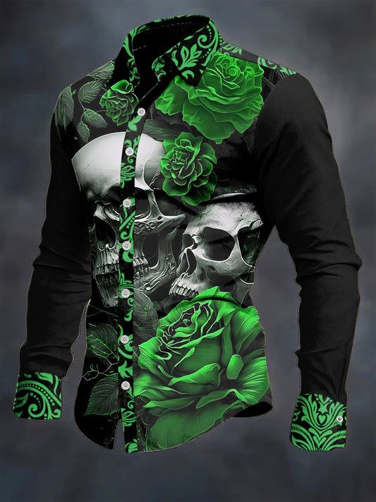 Men's Skull Flower Printed Long Sleeve Casual Shirt
