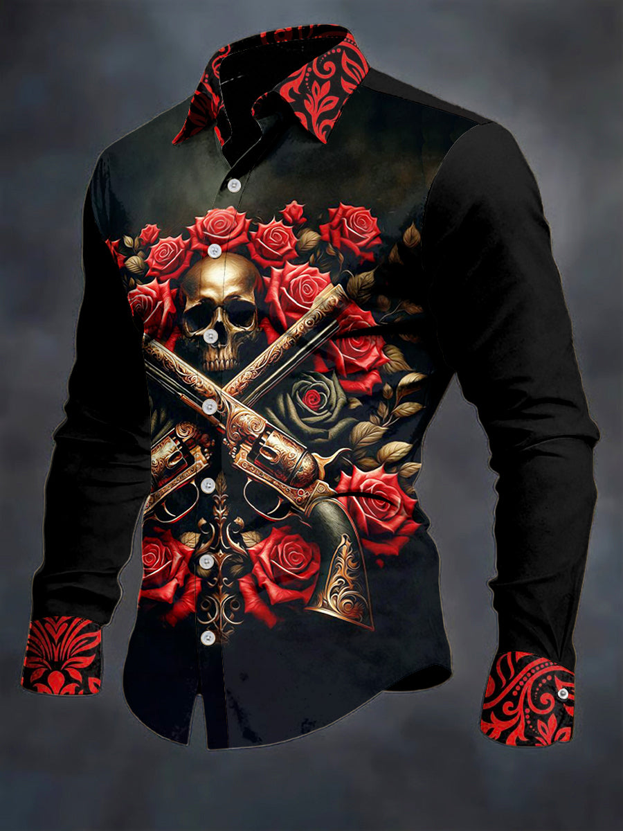 Men's Skull Flower Printed Long Sleeve Casual Shirt