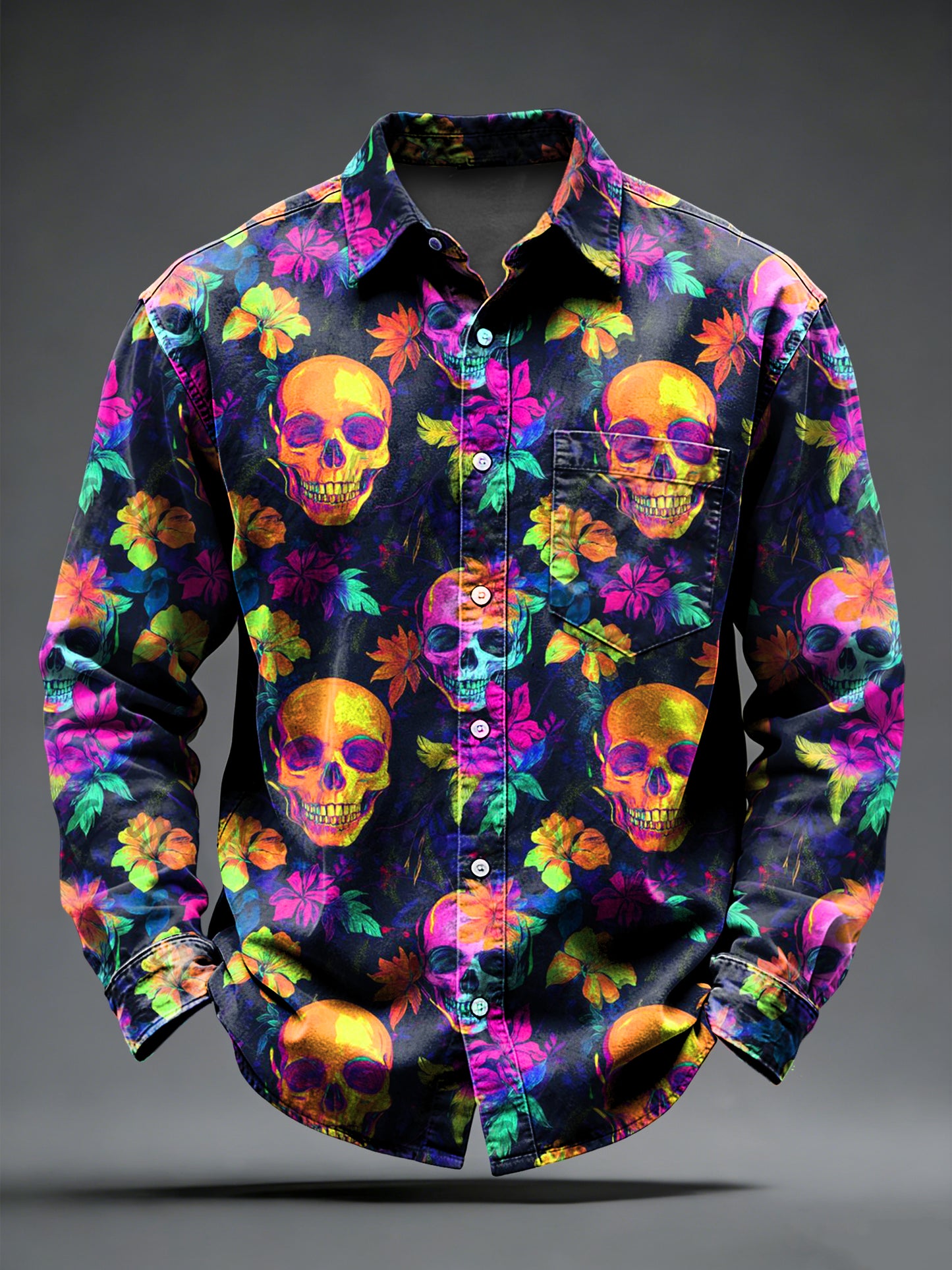 Men's Retro Punk Psychedelic Skull Printed Long Sleeved Pocket Shirt