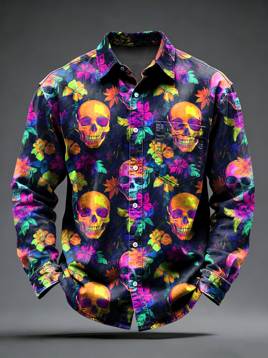 Men's Retro Punk Psychedelic Skull Printed Long Sleeved Pocket Shirt