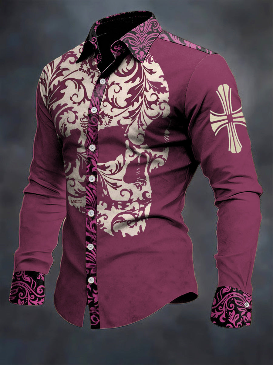 Men's Skull Flower Printed Long Sleeve Casual Shirt