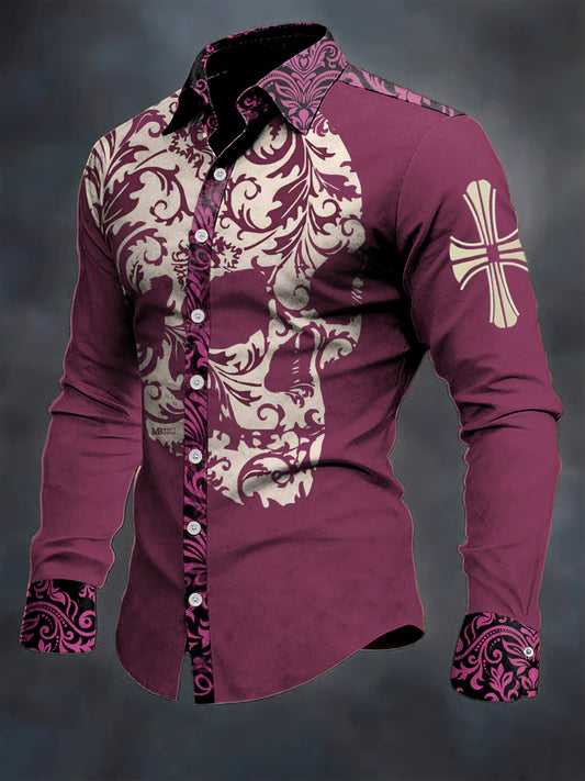 Men's Skull Flower Printed Long Sleeve Casual Shirt