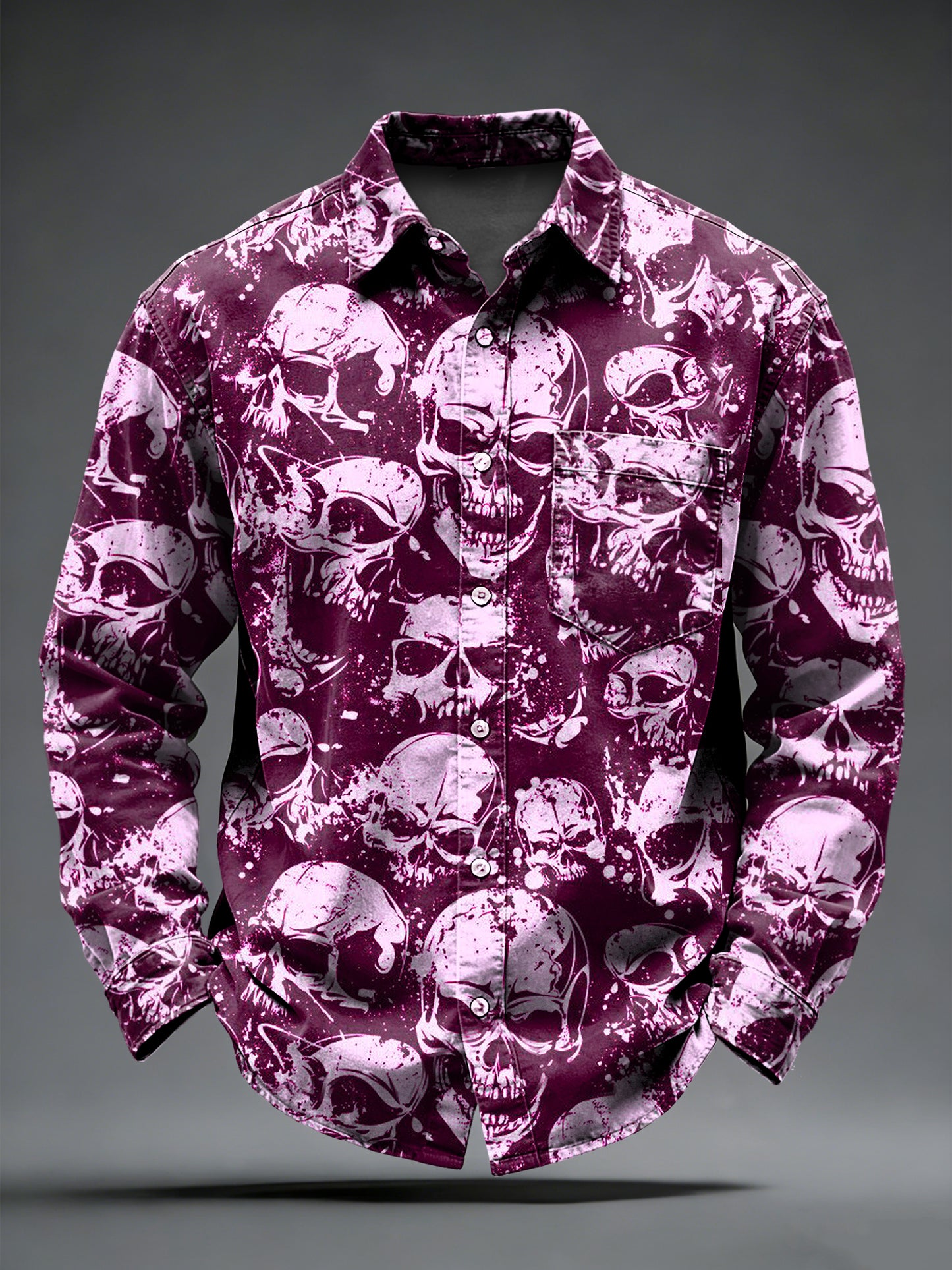 Men's Retro Punk Skull Printed Long Sleeved Pocket Shirt