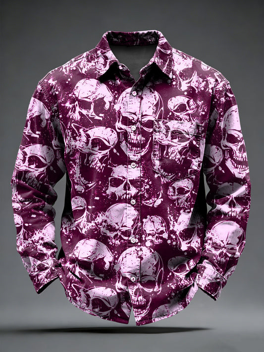 Men's Retro Punk Skull Printed Long Sleeved Pocket Shirt