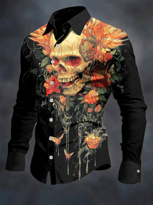 Men's Skull Flower Printed Long Sleeve Casual Shirt