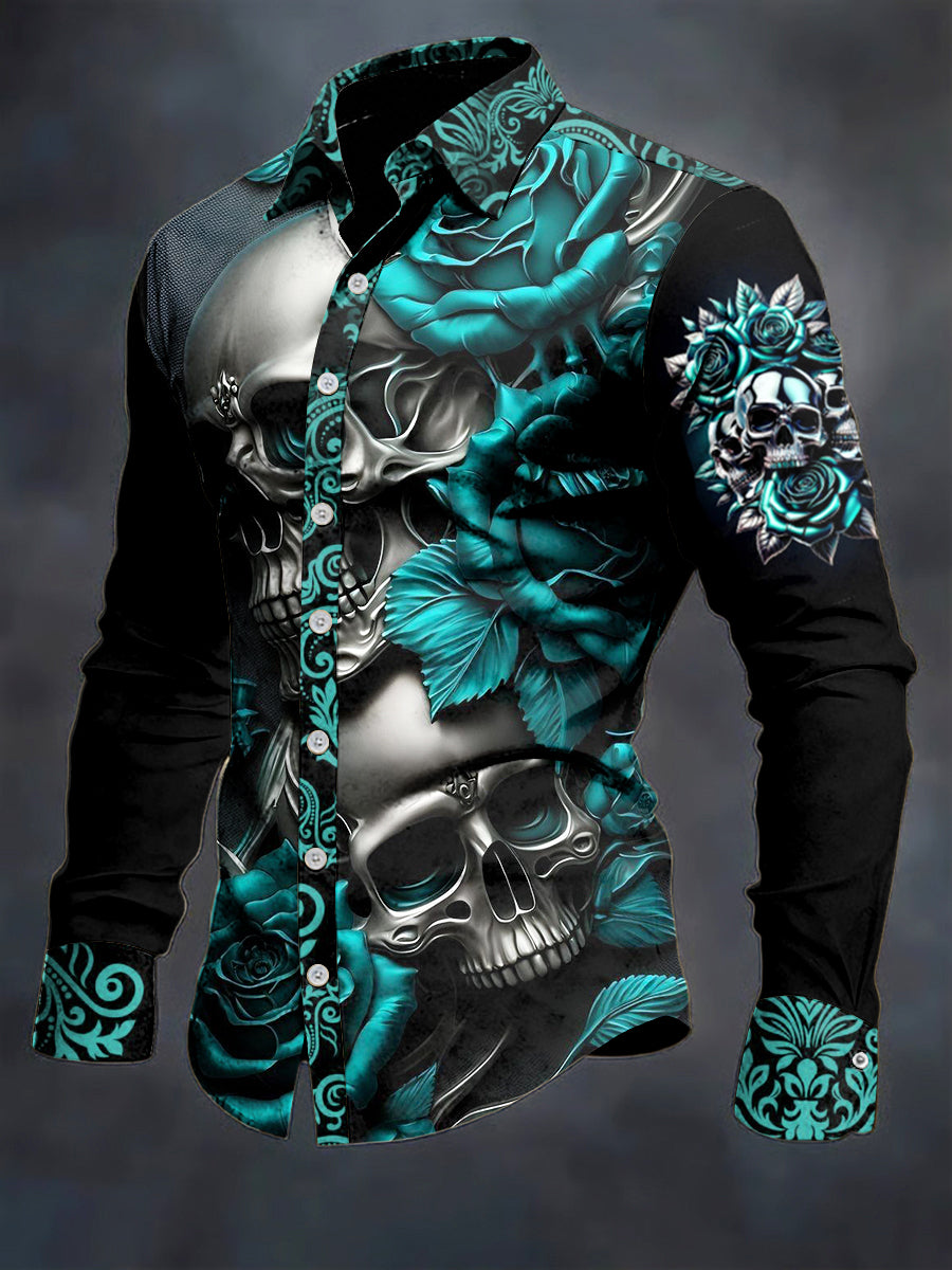 Men's Skull Flower Printed Long Sleeve Casual Shirt