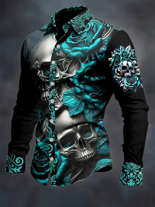 Men's Skull Flower Printed Long Sleeve Casual Shirt