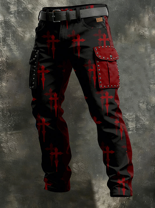 Men's Retro Vacation Business Punk Cross Art Print Casual Workwear Trousers