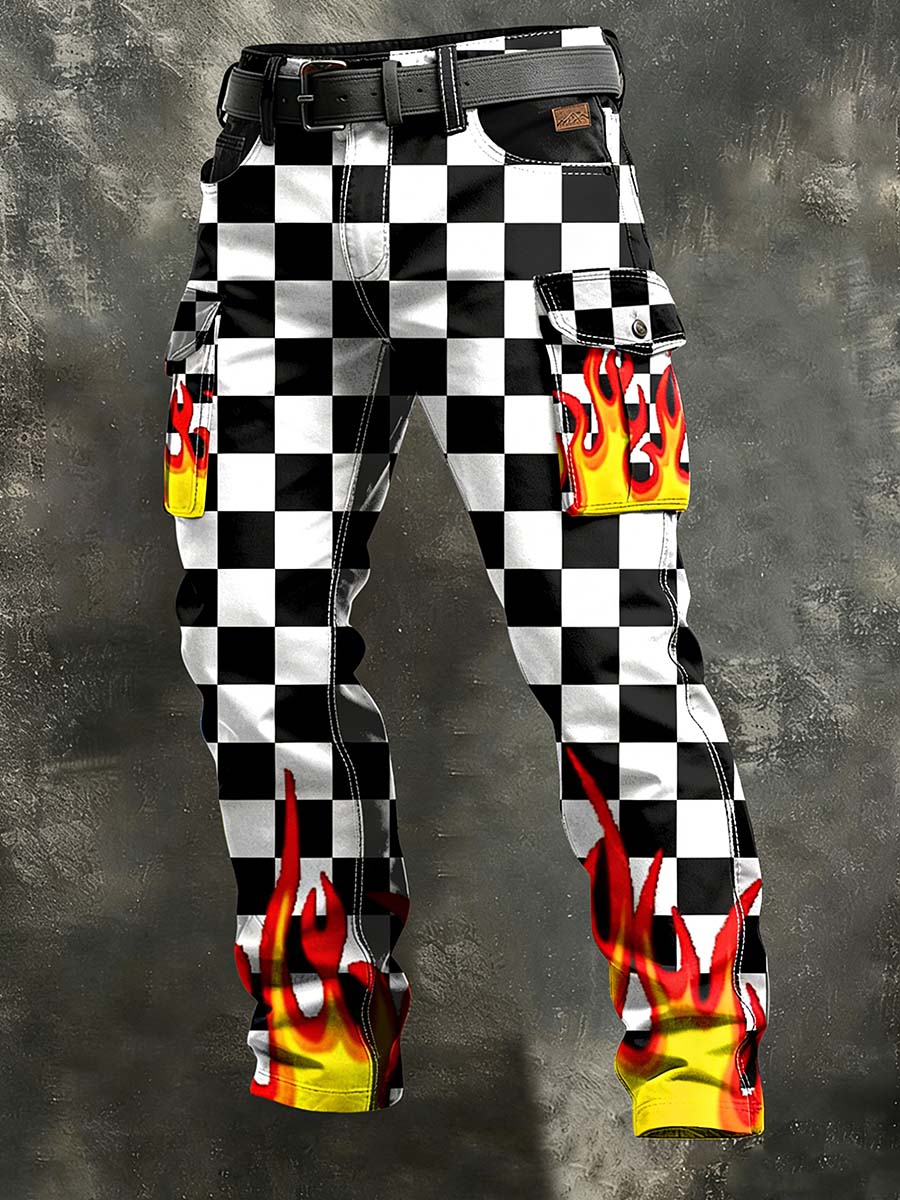 Men's Retro Flame Business Art Print Casual Workwear Trousers