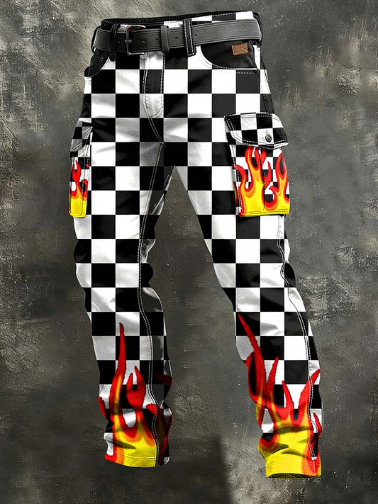 Men's Retro Flame Business Art Print Casual Workwear Trousers