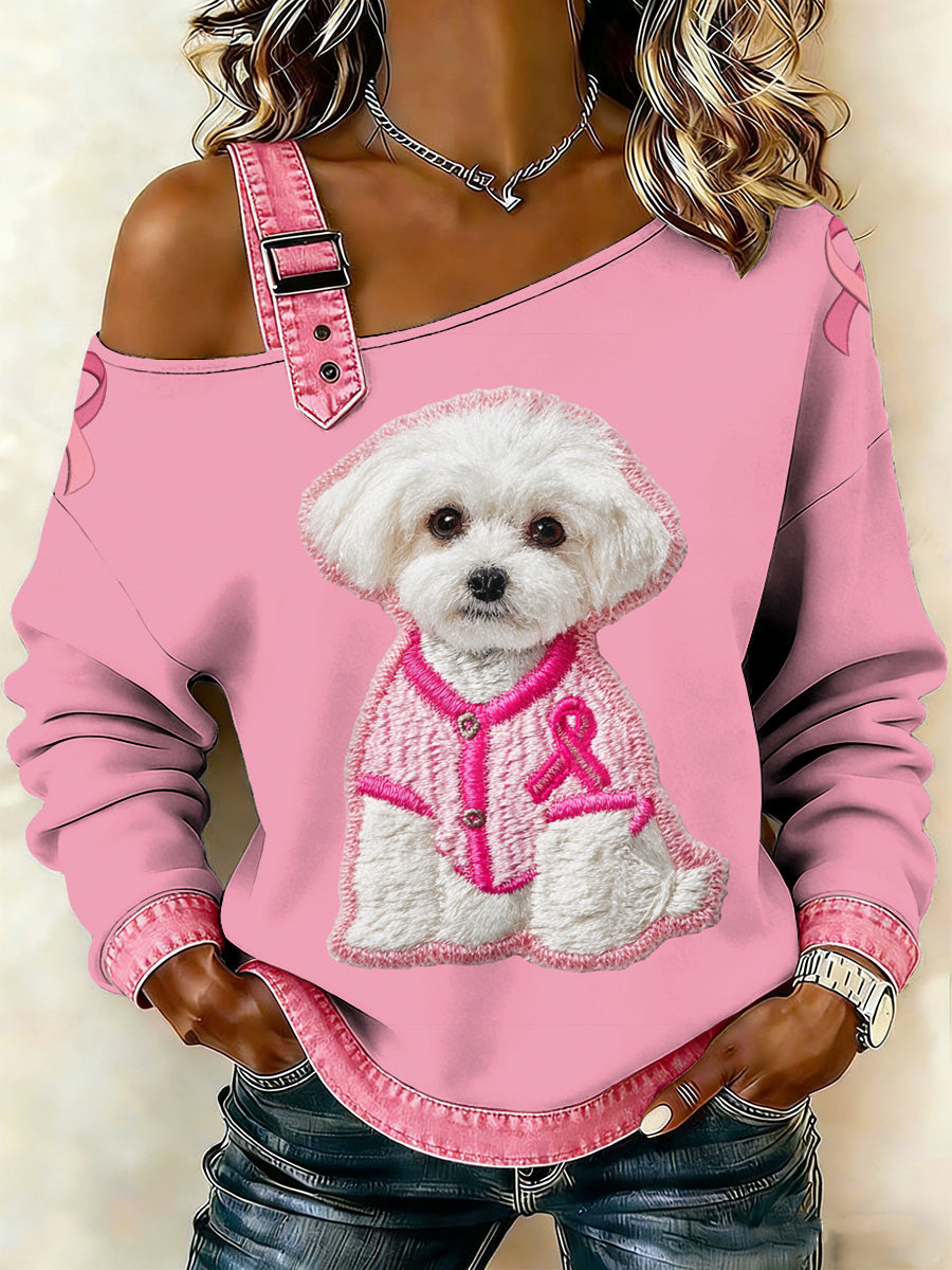 Women's Breast Cancer Printed One Shoulder Suspender Casual Sweater