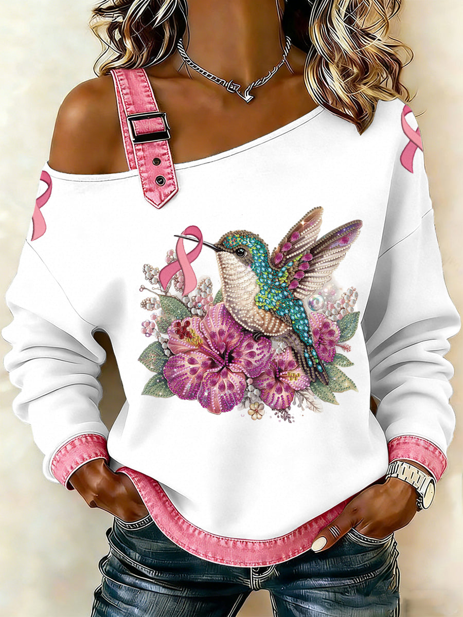 Women's Breast Cancer Printed One Shoulder Suspender Casual Sweater