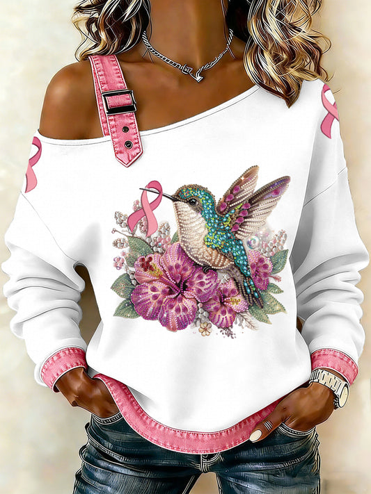 Women's Breast Cancer Printed One Shoulder Suspender Casual Sweater