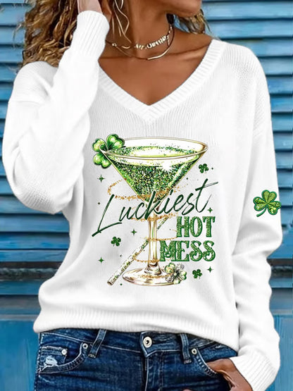 Women's St. Patrick's Day Funny Drinking Luckiest Hot Mess V-Neck Top