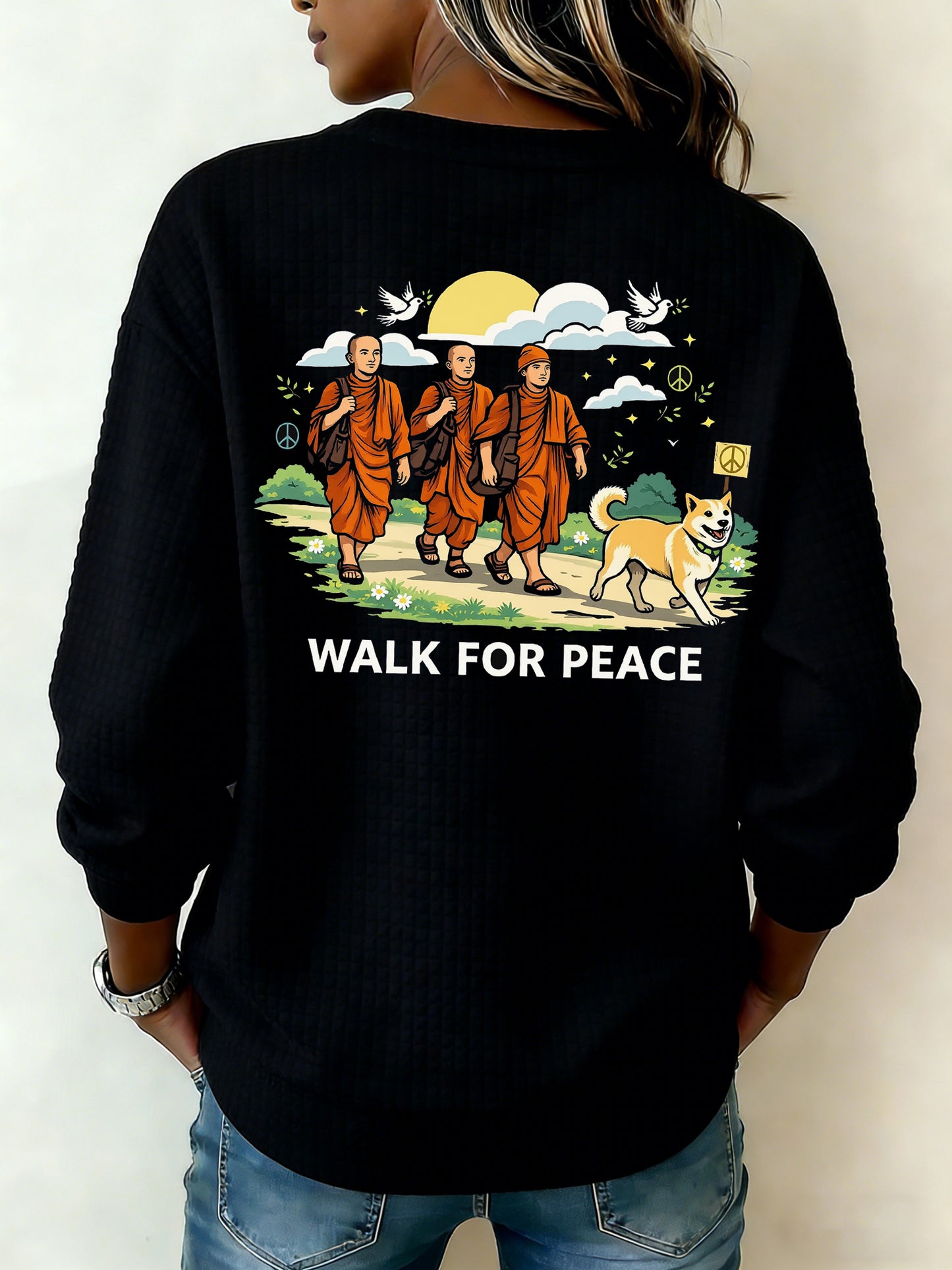 Women's Walk For Peace Monks With Aloka Dog Printed Sweatshirt