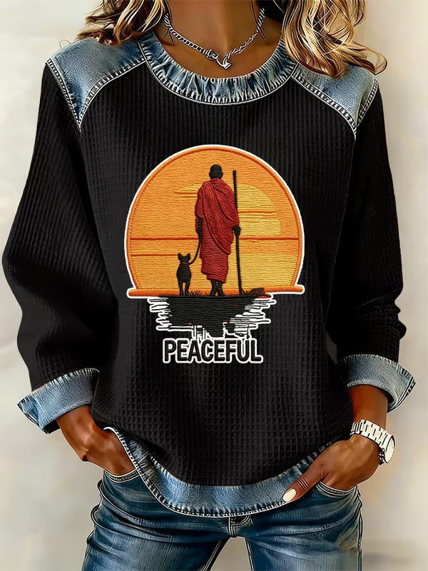 Women's Walk For Peace Monks With Aloka Denim Patchwork Top
