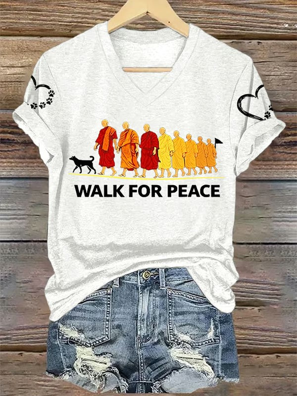 Women's Retro Walk For Peace Monks With Aloka Dog Printed V-neck T-shirt