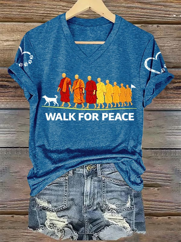 Women's Retro Walk For Peace Monks With Aloka Dog Printed V-neck T-shirt