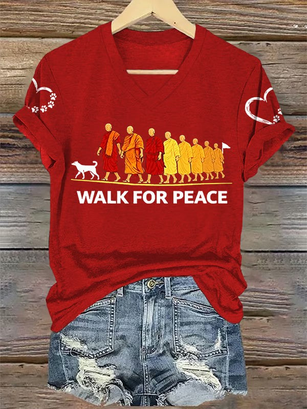 Women's Retro Walk For Peace Monks With Aloka Dog Printed V-neck T-shirt