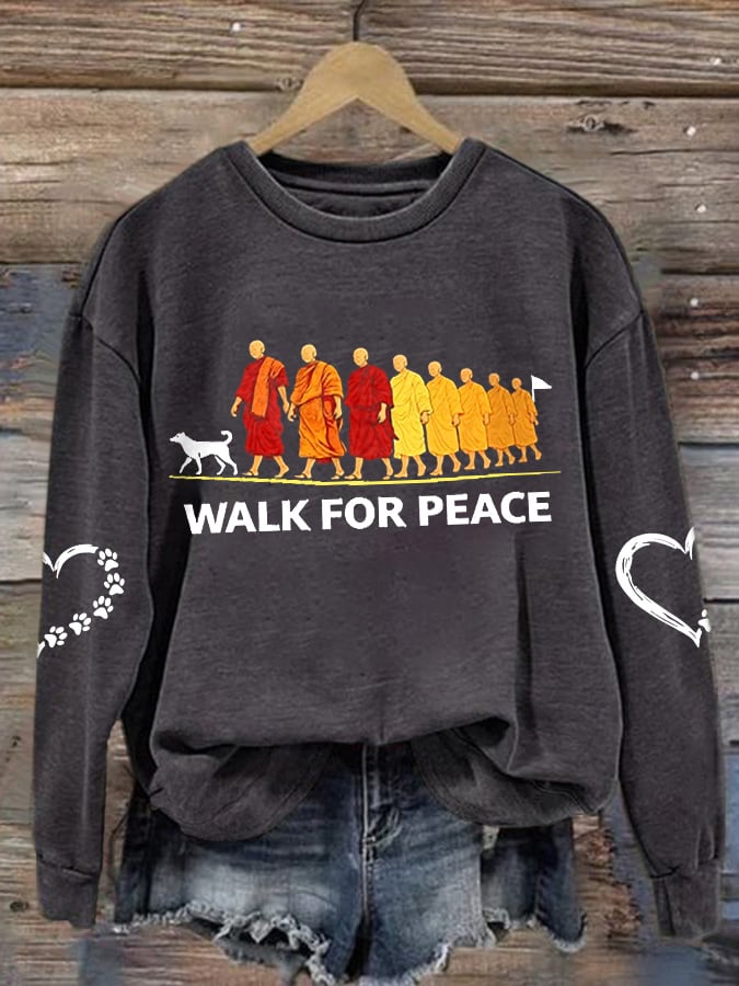 Women's Walk For Peace Monks With Aloka Dog Printed Sweatshirt