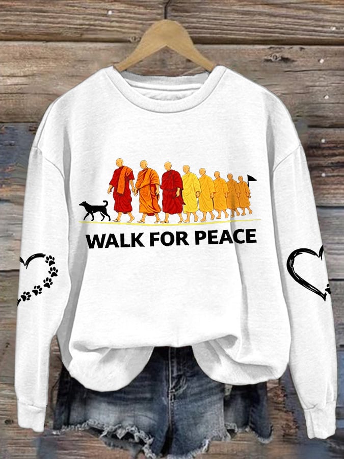 Women's Walk For Peace Monks With Aloka Dog Printed Sweatshirt