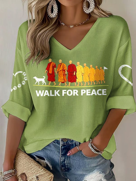 Women's Walk For Peace Monks With Aloka Dog Printed Waffle T-shirt