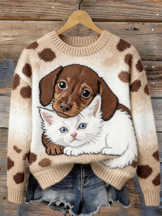 Women's Funny Cute Dachshund Dog & Cat Art  Cozy Sweater
