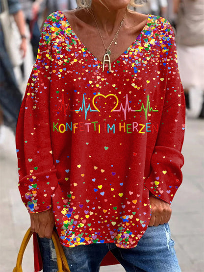 Printed V-Neck Lapel Button Vintage Casual Long Sleeve Shirt