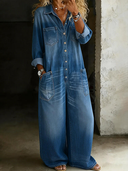 Women's Solid Color Cozy Casual Cotton Denim Shirt Jumpsuit