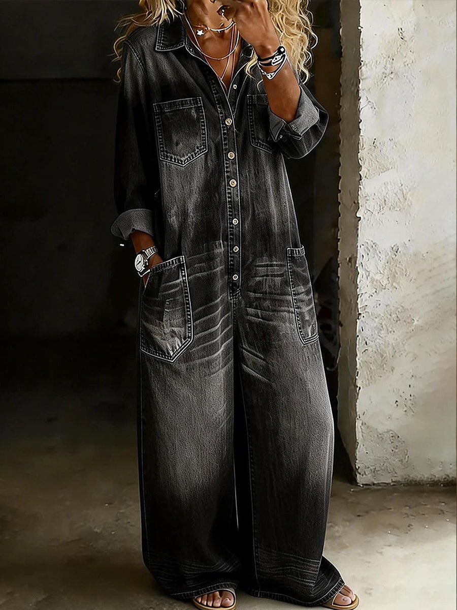Women's Solid Color Cozy Casual Cotton Denim Shirt Jumpsuit