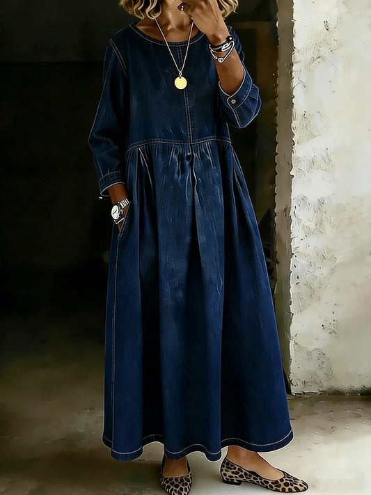 Women's Solid Color Round Neck Long-sleeved Casual Loose Denim Dress