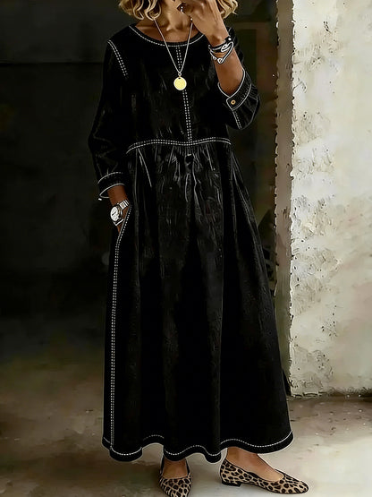 Women's Solid Color Round Neck Long-sleeved Casual Loose Denim Dress