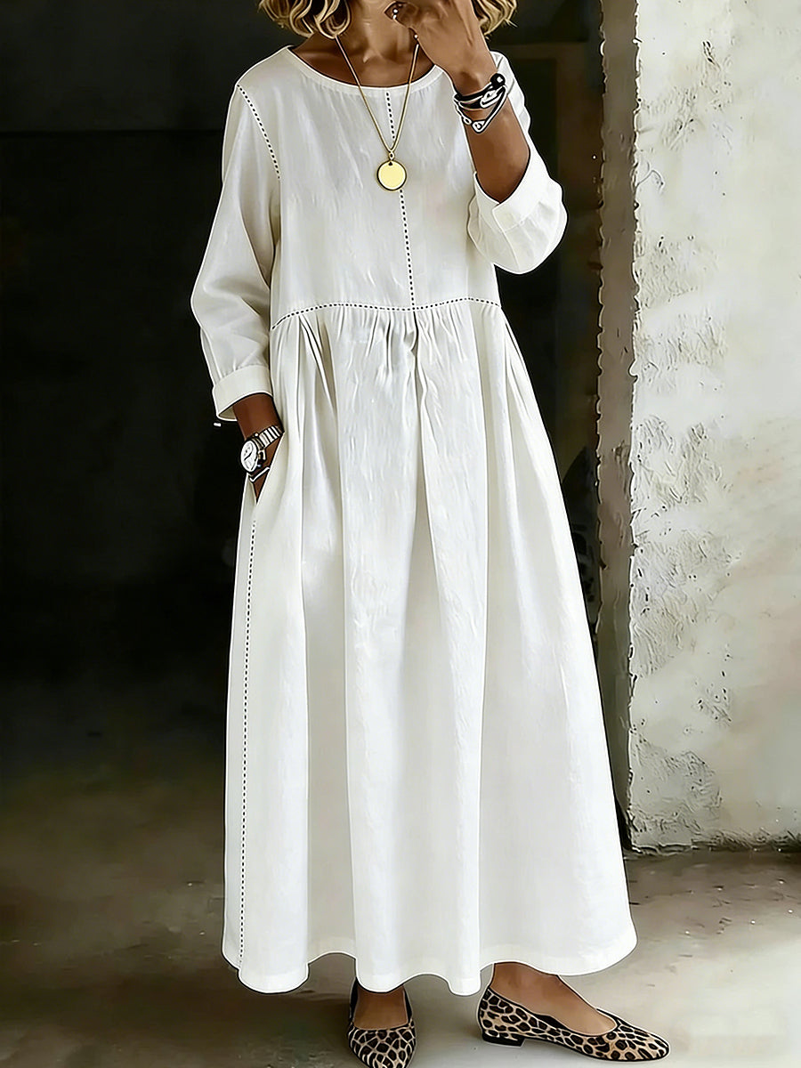 Women's Solid Color Round Neck Long-sleeved Casual Loose Denim Dress